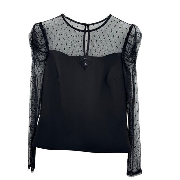 IN San Francisco blouse women's M mesh polka dot puff sweetheart stretch black - Picture 1 of 8